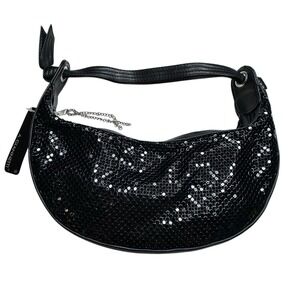 A Giannetti Black Sequined Mesh Hobo Shoulder‎ Bag Zip Closure Y2K Retro NEW